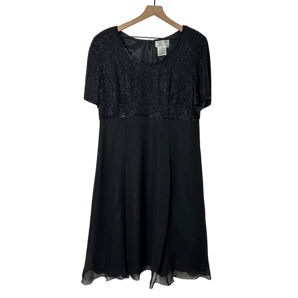 Papell Boutique Womens Beaded Silk Chiffon Evening Cocktail Dress Size 14 Black